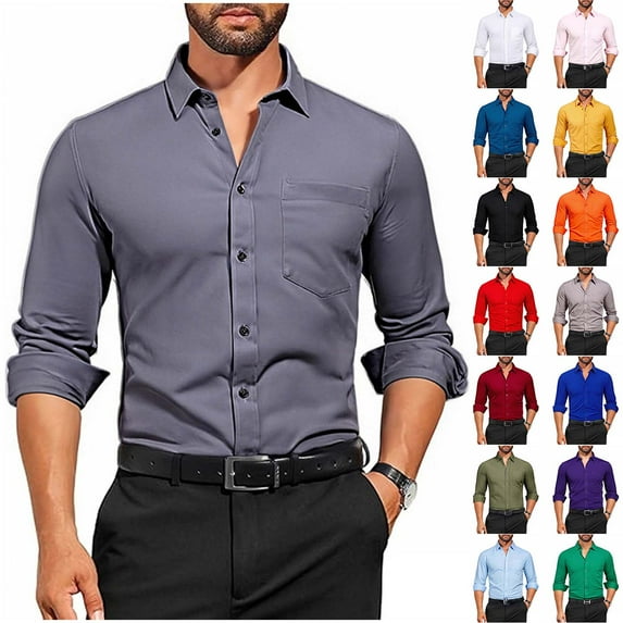 Horkkom Button Down Shirt Men Long Sleeve Work Dress Shirts Casual Solid Color Button Up Shirt with Pocket XL