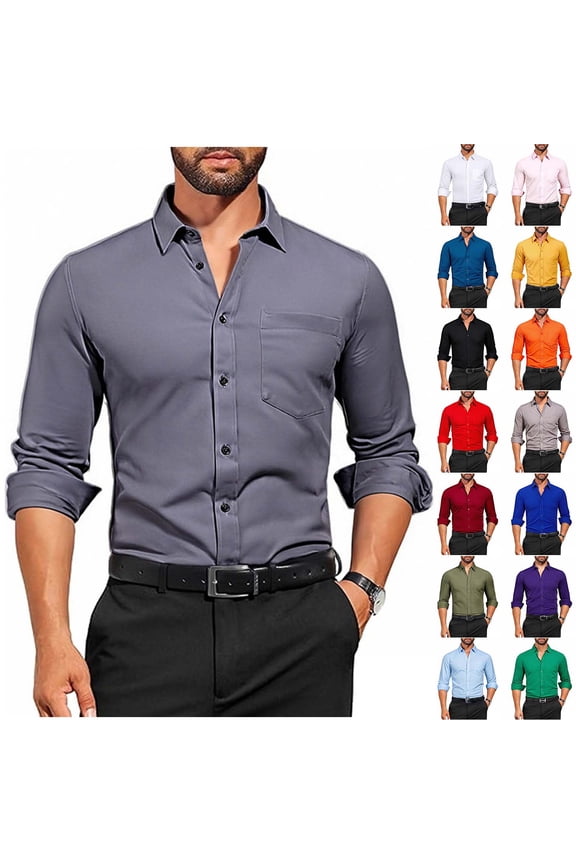 Button Down Shirt Men Long Sleeve Work Dress Shirts Casual Solid Color Button Up Shirt with Pocket XXXL