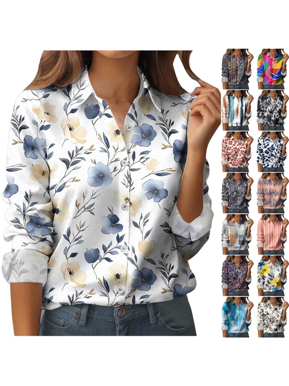 Button Down Shirts for Women Dressy Floral Printed Long Sleeve Blouse Business Casual Work Tops M, Gifts for Women
