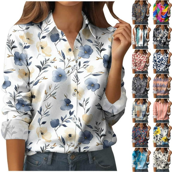 Horkkom Button Down Shirts for Women Dressy Floral Printed Long Sleeve Blouse Business Casual Work Tops XL, Gifts for Women