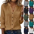 thumbnail image 1 of Horkkom Button Down Shirts for Women Long Sleeve V Neck Linen Tops Spring Summer Casual Tops with Pocket L, 1 of 6