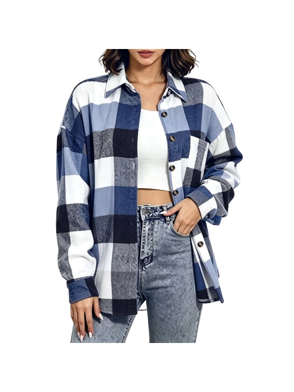 Button Down Shirts for Women Loose Long Sleeve Flannel Plaid Print Cotton Shirts Casual Trendy Fall Shirts with Pockets M