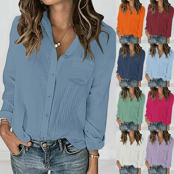 Horkkom Button Down Shirts for Women Solid Color Long Sleeve Shirts Fall Loose Casual Tops with Pocket 2XL, Gifts for Women