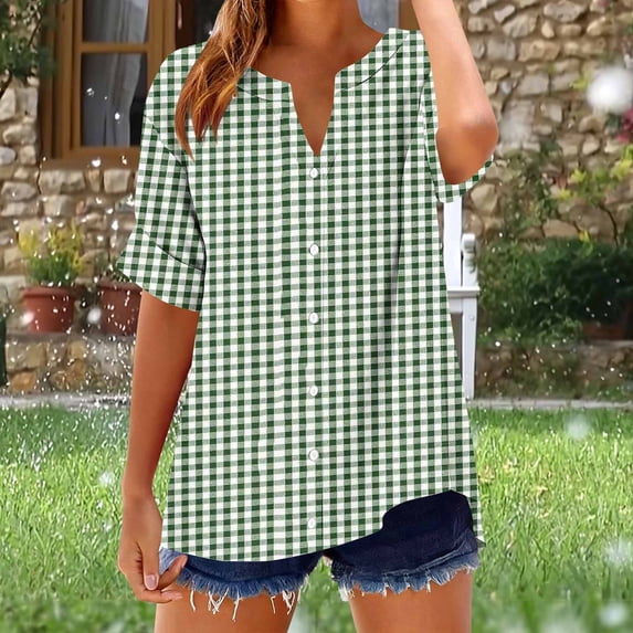 Horkkom Button Down Shirts for Women Spring Summer V Neck Short Sleeve Tops Plaid Print Loose Casual Tops L