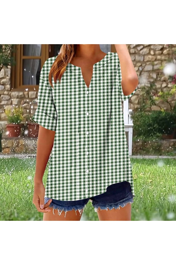 Button Down Shirts for Women Spring Summer V Neck Short Sleeve Tops Plaid Print Loose Casual Tops L