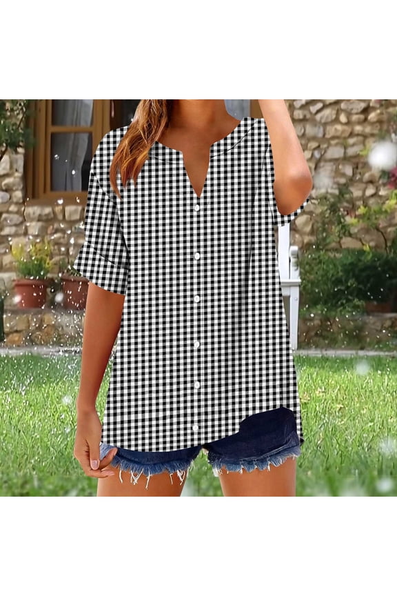 Button Down Shirts for Women Spring Summer V Neck Short Sleeve Tops Plaid Print Loose Casual Tops L