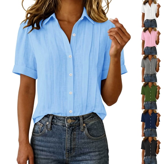 Horkkom Button Down Shirts for Women Summer Linen Short Sleeve Tops Dress Business Work Casual Tops L