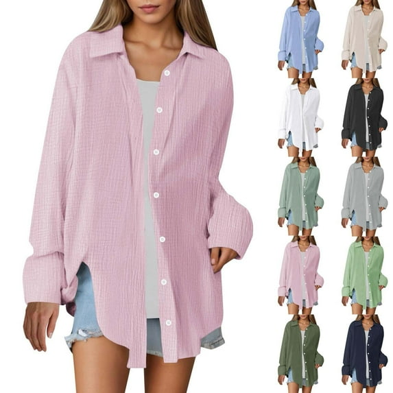 Horkkom Button Down Shirts for Women Casual Solid Color Long Sleeve Blouses Loose Textured Collared Work Tops