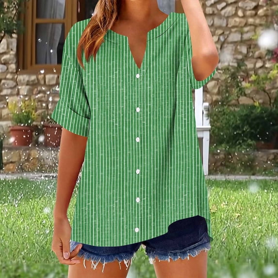 Horkkom Button Up Shirt Women Spring Summer V Neck Short Sleeve Tops Striped Print Loose Casual Tops XXL