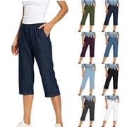 Horkkom Capri Jeans for Women Trendy Elastic Waist Stretchy Jeans Casual Loose Solid Color Capris Pants with Pockets L