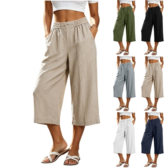 Horkkom Capris for Women with Pockets Cotton Solid Color Elastic Waist Pants Summer Casual Pleated Loose Pants M