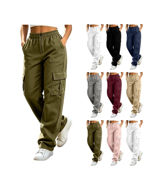 Cargo Pants Women Button Zip Elastic Waist Hiking Pants Outdoor Casual Travel Pants with Pockets M
