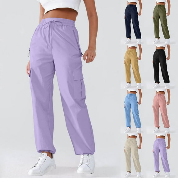 Horkkom Cargo Pants Women Fall High Waisted Joggers Athletic Climbing Hiking Pants with Zip Pockets Drawstring S