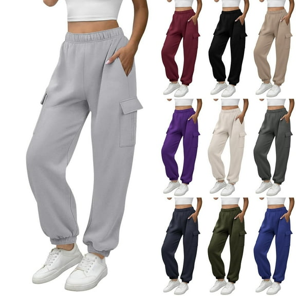 Horkkom Cargo Pants Women High Waisted Solid Color Joggers Athletic Fleece Sweatpants with Pockets L, Gifts for Women