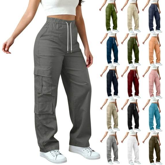 Horkkom Cargo Pants Women Solid Color High Waisted Pants with Pockets Casual Athletic Hiking Sweatpants L