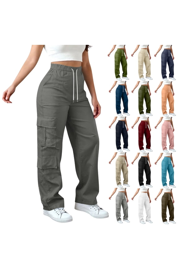 Cargo Pants Women Solid Color High Waisted Pants with Pockets Casual Athletic Hiking Sweatpants XL