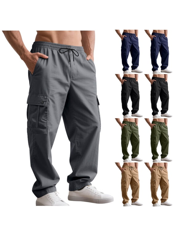 Cargo Pants for Men Elastic Waist Drawstring Hiking Pants Workout Casual Loose Work Pants with Pockets M
