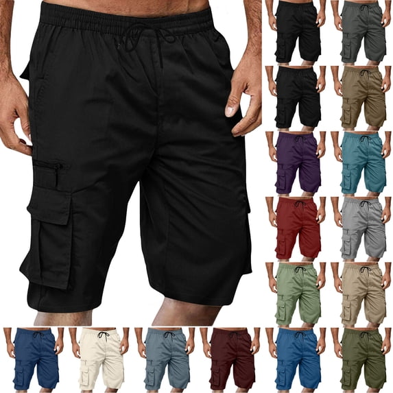 Horkkom Cargo Shorts for Men Solid Color Elastic Waist Zipper Work Shorts Loose Workout Running Shorts with Pockets 2XL, Gifts for Men