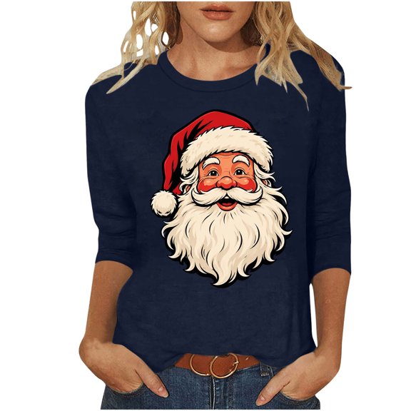 Horkkom Christmas Blouses for Women Santa Graphic 3/4 Length Sleeve Tops Crew Neck Pullover Xmas T Shirts XXXL, Gifts for Women