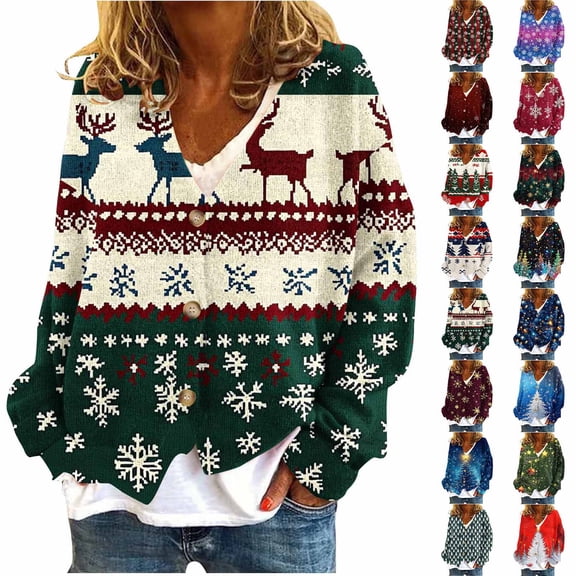 Horkkom Christmas Cardigan for Women Christmas Snowflakes Print Fleece Cardigans Button Down Warm Soft Jacket XXL
