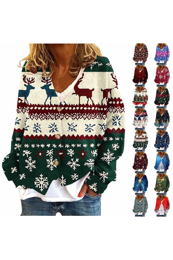 Christmas Cardigan for Women Xmas Tree Print Fleece Cardigans Holiday Button Down Jacket M