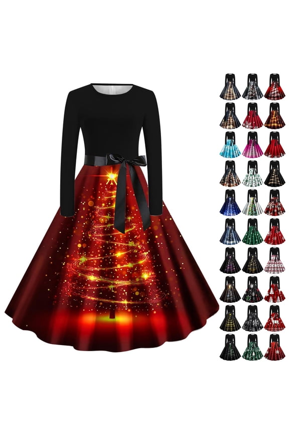 Christmas Dresses for Women Christmas Tree Print Long Sleeve Maxi Dress Xmas Holiday Zipper Party A Line Dresses M