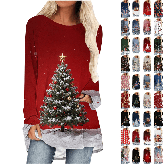 Horkkom Christmas Shirts for Women Tunic Crew Neck Christmas Tree Tops Long Sleeve Fall Xmas Tops L, Gifts for Women