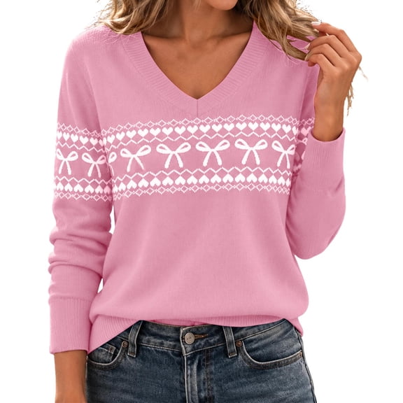 Horkkom Christmas Sweaters for Women Xmas Holiday Bowknot Print Winter Sweater Pullover V Neck Loose Tops XXL