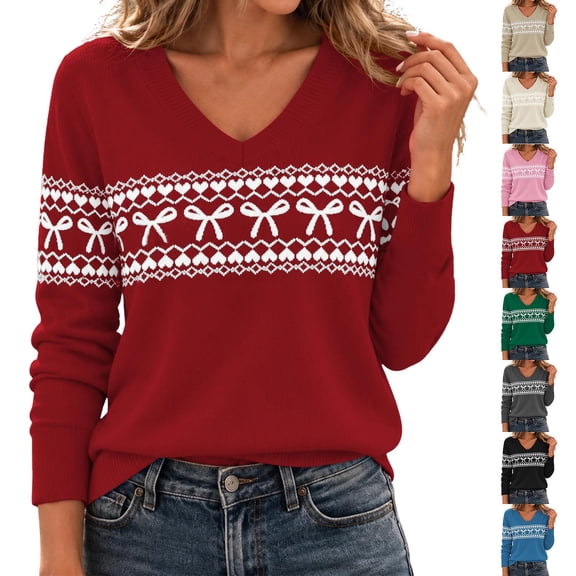 Horkkom Christmas Sweaters for Women Xmas Winter Holiday Bowknot Print Funny Shirt Loose Pullover V Neck Sweater M