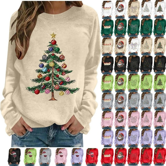 Horkkom Christmas Sweatshirts for Women Bow Print Christmas Sweaters Funny Holiday Graphic Sweatshirts S