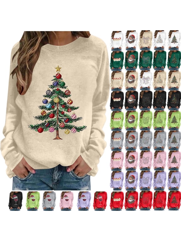 Christmas Sweatshirts for Women Christmas Tree Print Christmas Sweaters Funny Holiday Graphic Sweatshirts M