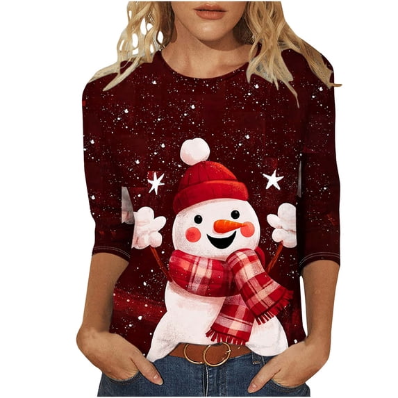Horkkom Christmas T Shirt Loose Snowman Graphic Xmas Tees for Women 3/4 Length Sleeve Casual Pullover Tops L, Gifts for Women