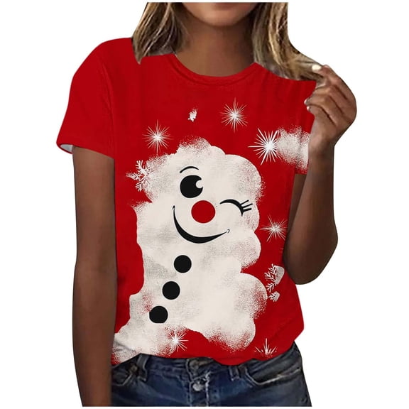 Horkkom Christmas T Shirt Short Sleeve Snowman Graphic Blouse Crew Neck Pullover Xmas Shirts L, Gifts for Women
