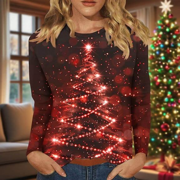 Horkkom Christmas Tops for Women Holiday Party Xmas Tree Print Long Sleeve Shirts Plus Size Crewneck Christmas Shirts XXXXXL