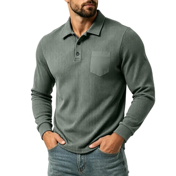 Horkkom Collared Shirt Men Casual Work Button Down Shirts Long Sleeve Pullover Basic Tees with Pockets L