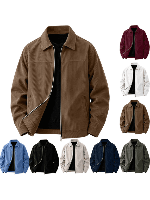 Corduroy Jacket Men Solid Color Loose Zip Up Jacket Casual Fall Jackets with Pockets L, Gifts for Men