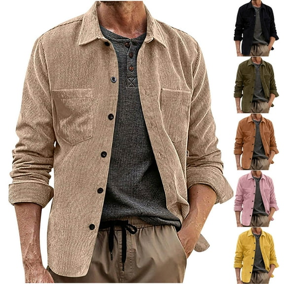 Horkkom Corduroy Jacket Men with Pockets Button Down Shirt Fall Soft Long Sleeve Casual Jackets L