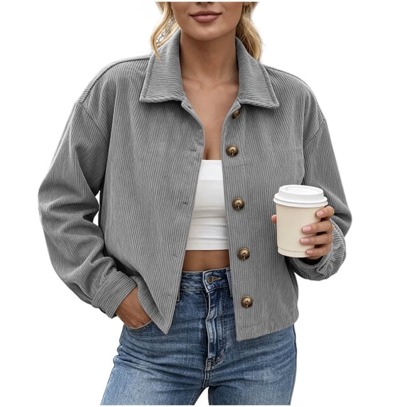 Horkkom Corduroy Jacket Women Button Down Long Sleeve Solid Color Jackets Cropped Lightweight Casual Jackets with Pockets, S-2XL