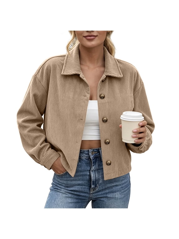 Corduroy Jacket Women Button Down Long Sleeve Solid Color Jackets Cropped Lightweight Casual Jackets with Pockets, S-2XL
