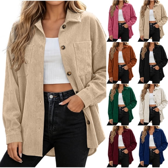 Horkkom Corduroy Jacket Women Long Sleeve Button Down Shacket Casual Loose Work Tops with Pockets L