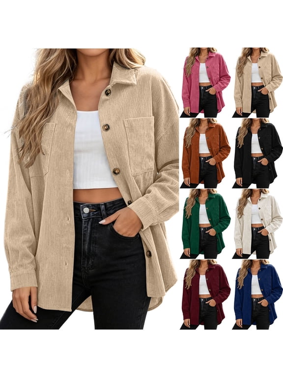 Corduroy Jacket Women Long Sleeve Button Down Shacket Casual Loose Work Tops with Pockets L