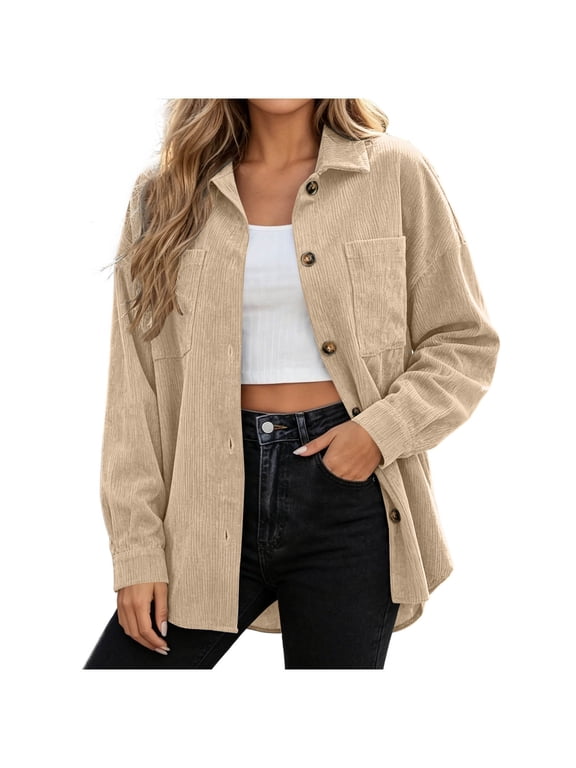 Corduroy Jacket Women Long Sleeve Button Down Shacket Casual Loose Work Tops with Pockets S