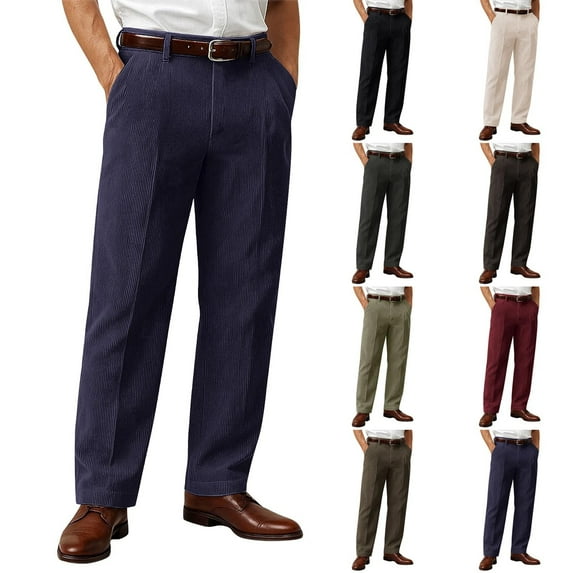 Horkkom Corduroy Pants Men Button Work Dress Pants Loose Zip up Casual Pants with Pocket 42