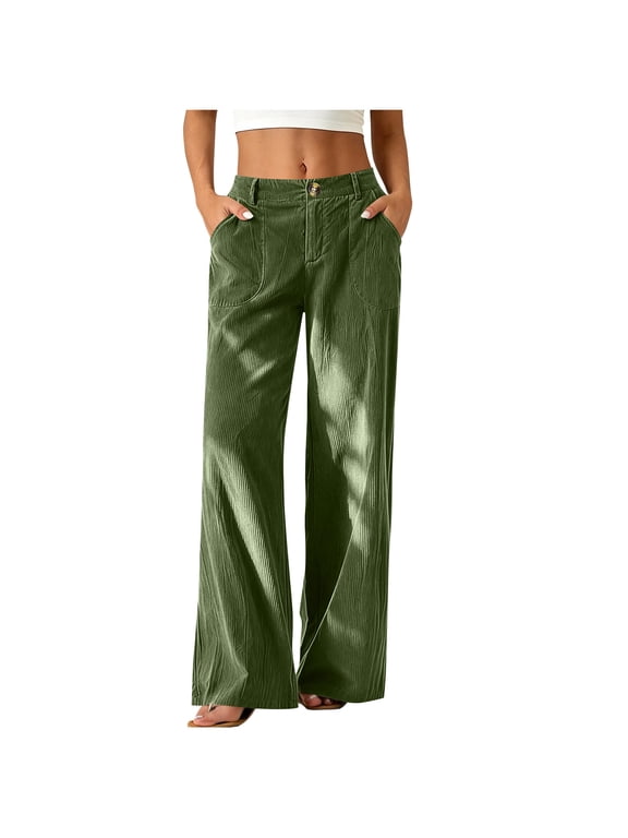 Corduroy Pants Women Elastic Waist Button Zipper Wide Leg Pants Soft Warm Loose Pants with Pockets, S-2XL