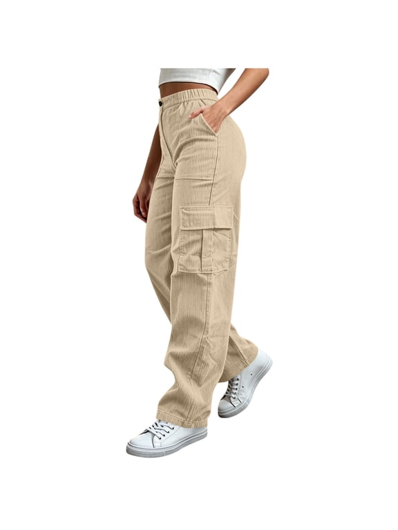 Corduroy Pants Women Straight Leg Button Zipper Cargo Pants Outdoor Track Hiking Pants with Pockets, S-2XL