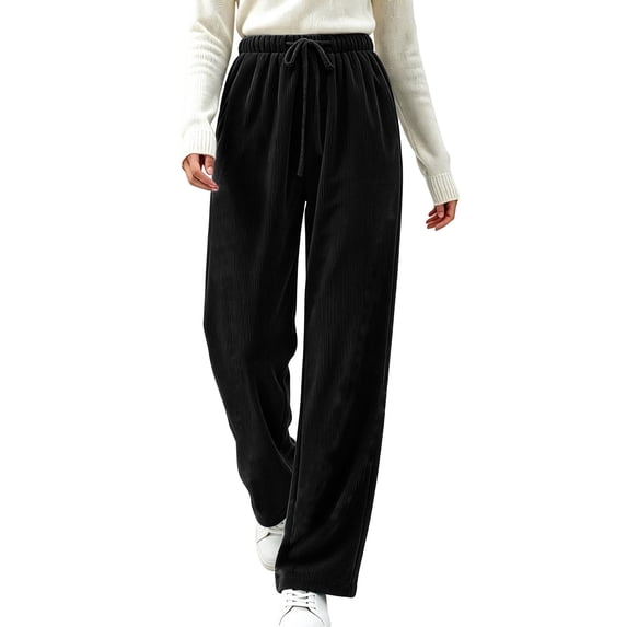 Horkkom Corduroy Pants Women Straight Leg Elastic Waist Drawstring Pants Adjustable Soft Comfy Pants with Pockets, S-2XL