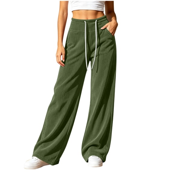 Horkkom Corduroy Pants Women Straight Leg Elastic Waist Drawstring Pants Adjustable Soft Comfy Pants with Pockets, S-2XL