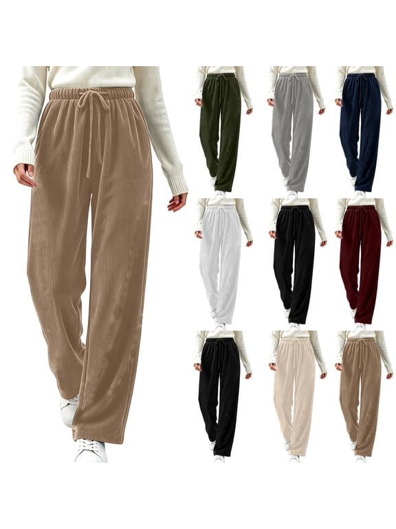 Corduroy Pants Women Straight Leg Elastic Waist Drawstring Pants Adjustable Soft Comfy Pants with Pockets, S-2XL