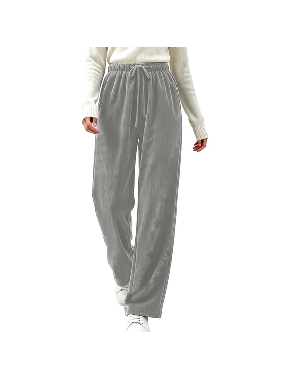 Corduroy Pants Women Straight Leg Elastic Waist Drawstring Pants Adjustable Soft Comfy Pants with Pockets, S-2XL