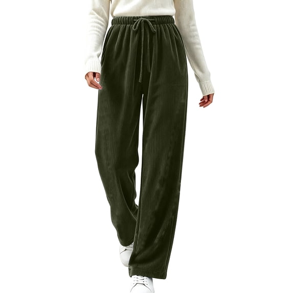 Horkkom Corduroy Pants Women Straight Leg Elastic Waist Drawstring Pants Adjustable Soft Comfy Pants with Pockets, S-2XL
